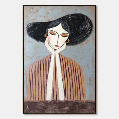 Contemplation Textured Portrait Oil Painting | Modern Wall Art | hanging in Contemplation Textured Portrait Oil Painting | Modern Wall Art featuring layered textured brushwork in refined tones; fig...