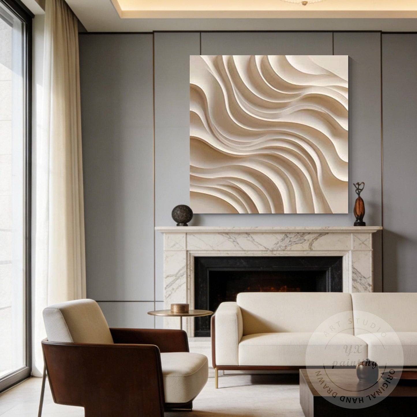 Contemporary 3D Wood Abstract Wall Art, Hand Carved Layered Wave Wooden Panel, M #2