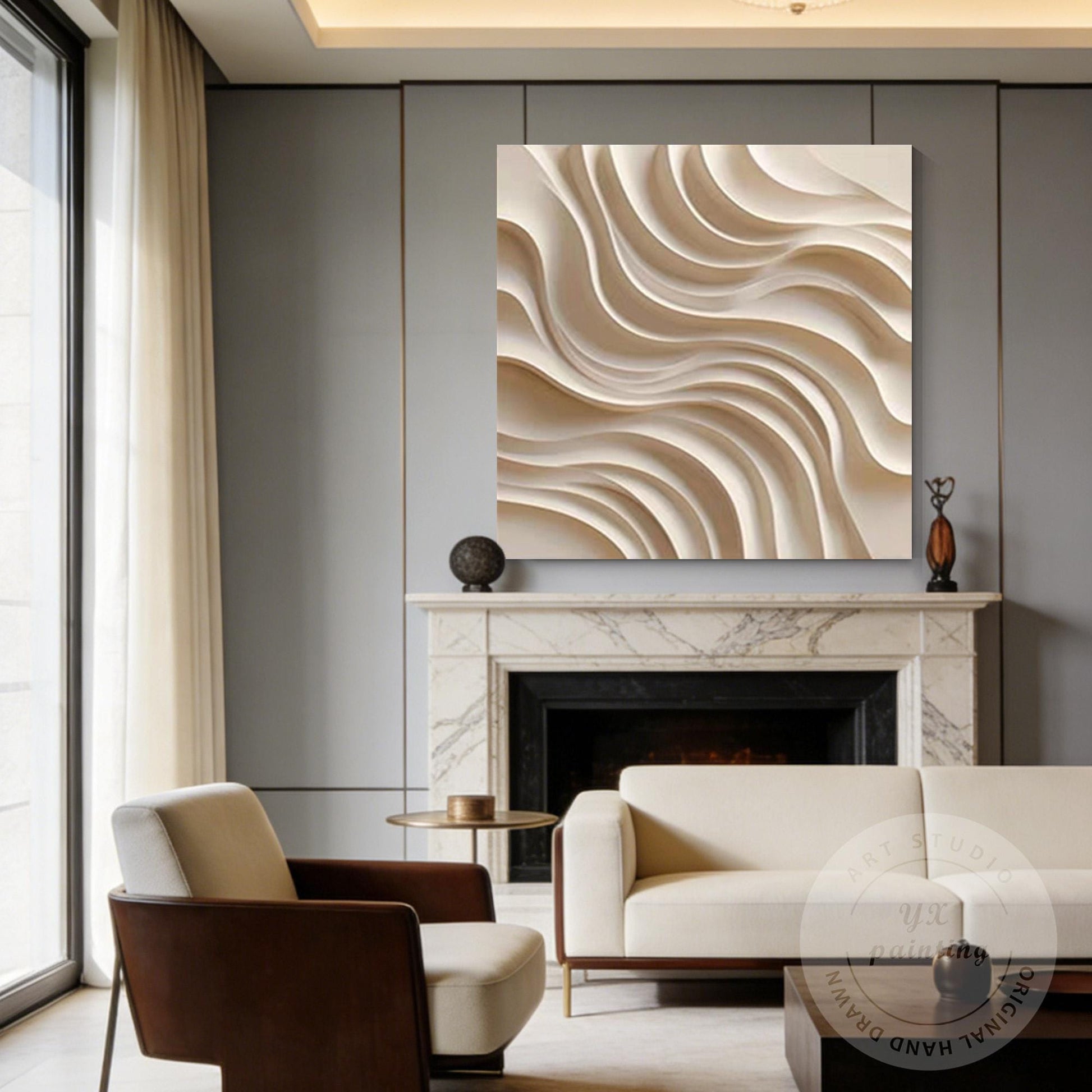 Contemporary 3D Wood Abstract Wall Art, Hand Carved Layered Wave Wooden Panel, M #2