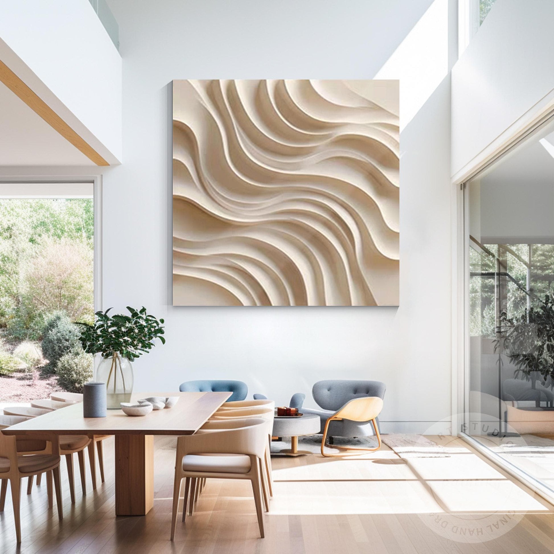 Contemporary 3D Wood Abstract Wall Art, Hand Carved Layered Wave Wooden Panel, M #4