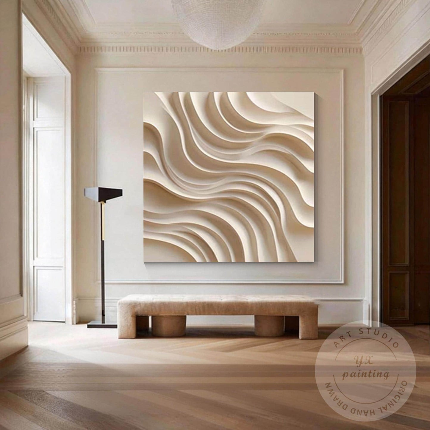 Contemporary 3D Wood Abstract Wall Art, Hand Carved Layered Wave Wooden Panel, M #1