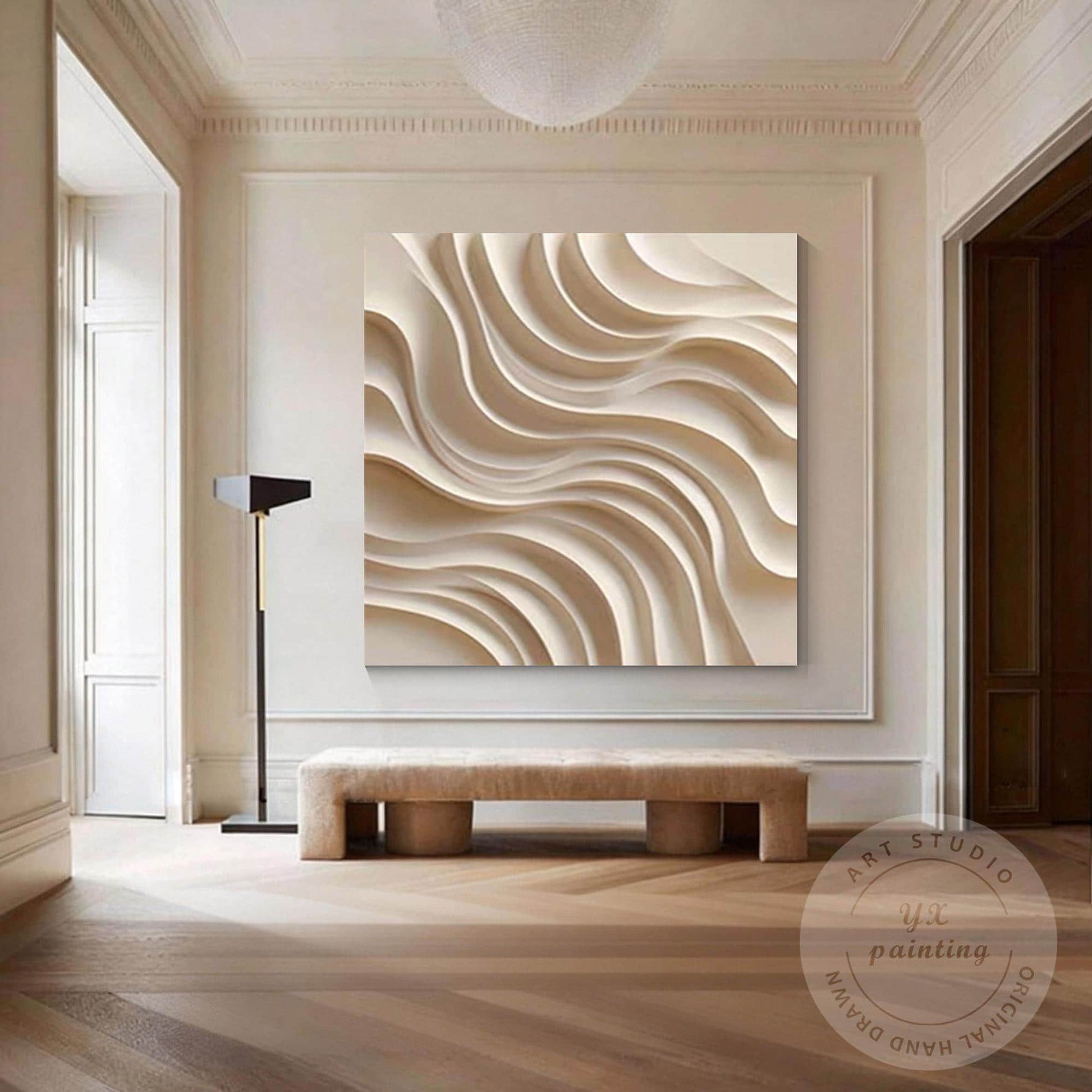 Contemporary 3D Wood Abstract Wall Art, Hand Carved Layered Wave Wooden Panel, M #1