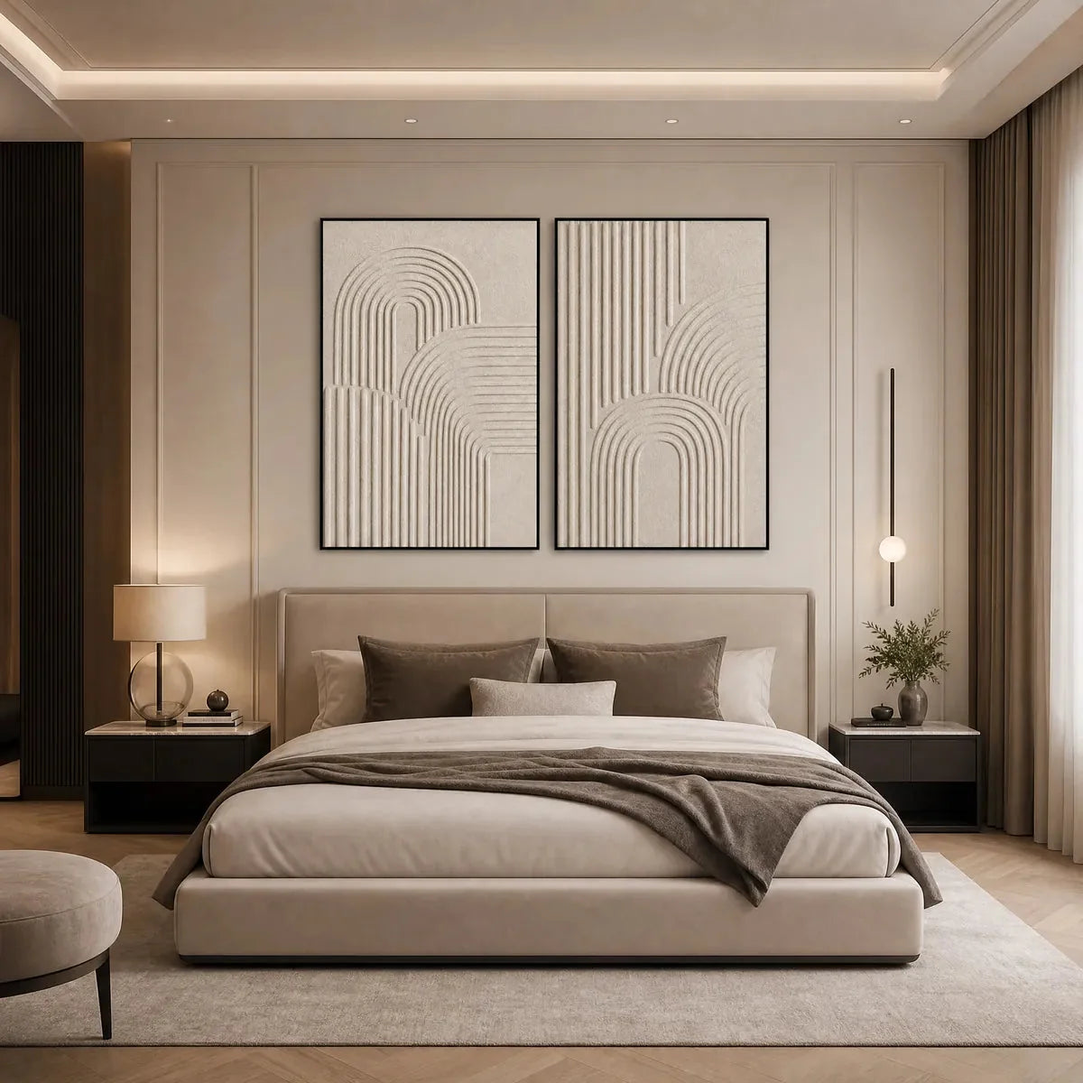 CONTINUUM: Beige Textured Minimalist Wabi-Sabi Abstract Diptych | gold frame stretched on neutral wall