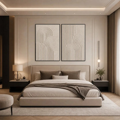 CONTINUUM: Beige Textured Minimalist Wabi-Sabi Abstract Diptych | gold frame stretched on neutral wall