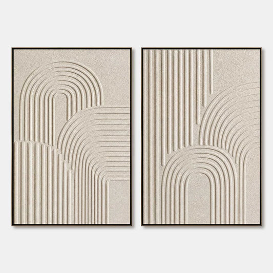 CONTINUUM: Beige Textured Minimalist Wabi-Sabi Abstract Diptych | hanging in CONTINUUM: Beige Textured Minimalist Wabi-Sabi Abstract Diptych featuring layered textured brushwork in refined tones; m...