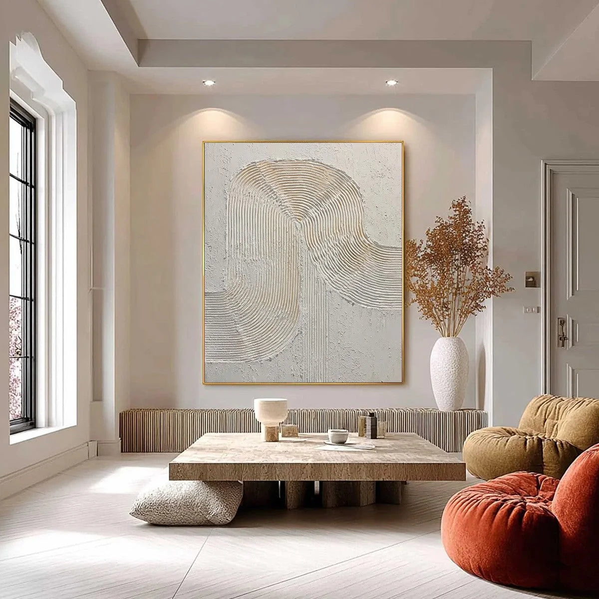 CONTINUUM: Textured Minimalist Abstract Painting in White and Beige | black frame version on white wall