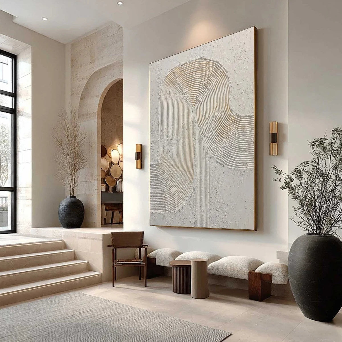CONTINUUM: Textured Minimalist Abstract Painting in White and Beige | Minimalist mood, soft natural light studio shot