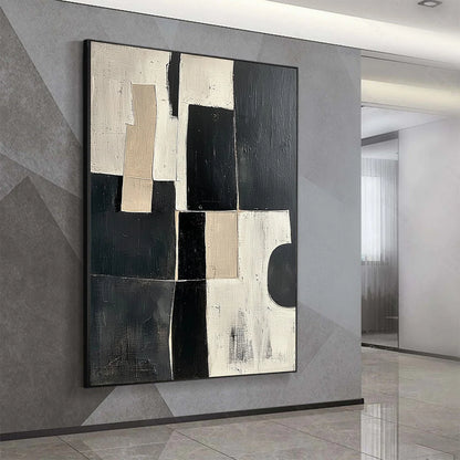 CONTRAST: Abstract Geometric Oil Painting | gold frame stretched on neutral wall