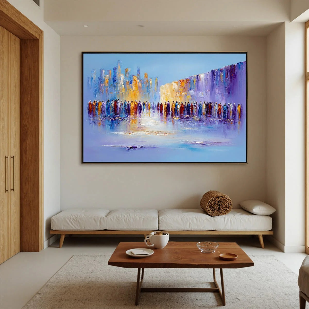 CONVERGENCE: Abstract Figurative Cityscape Palette Knife Painting | gold frame stretched on neutral wall