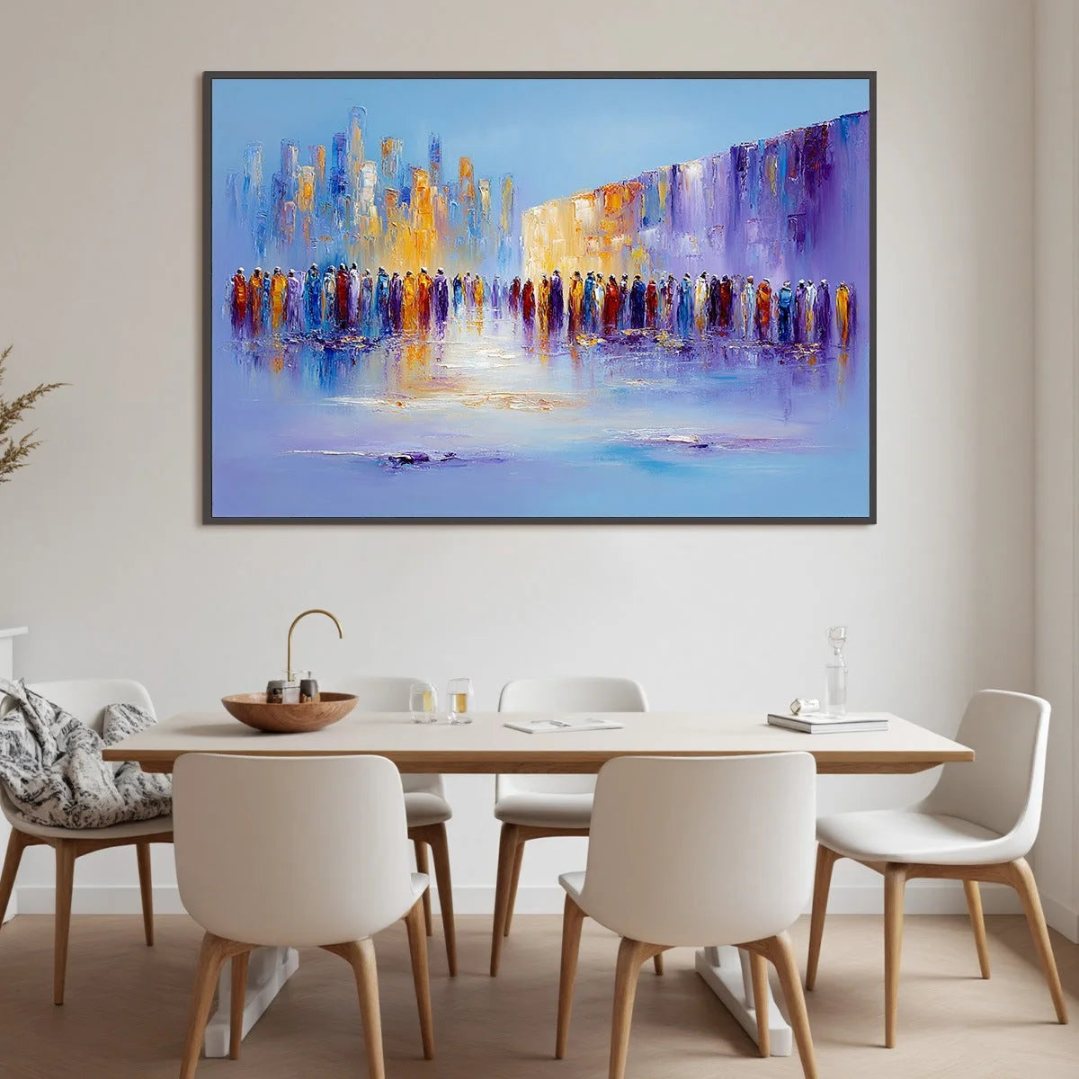 CONVERGENCE: Abstract Figurative Cityscape Palette Knife Painting | black frame version on white wall
