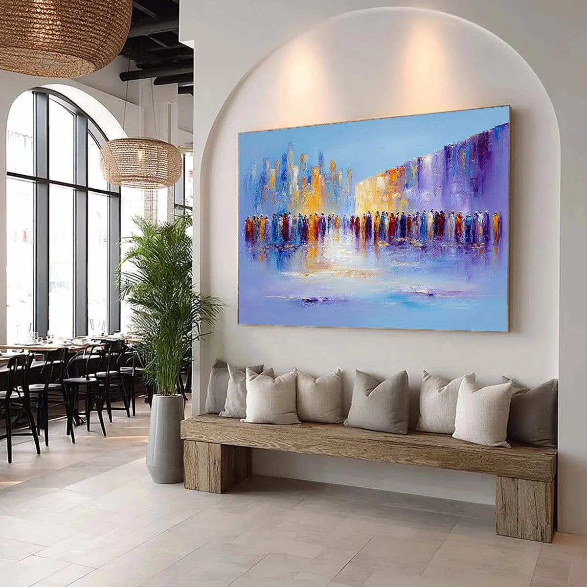 CONVERGENCE: Abstract Figurative Cityscape Palette Knife Painting | beige palette, original Hand-painted on premium stretched canvas using artist-grade oils; rich layered surface combines smooth gr...