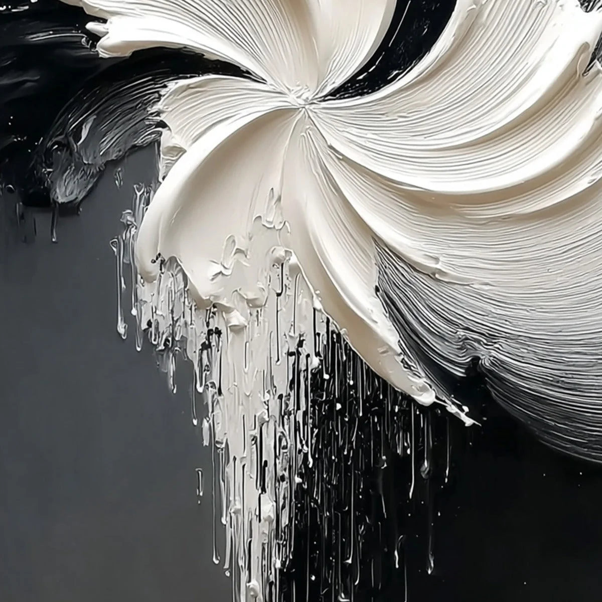 CONVERGENCE: Textured Black and White Abstract Impasto Painting | rectangular format, hand-painted canvas edge
