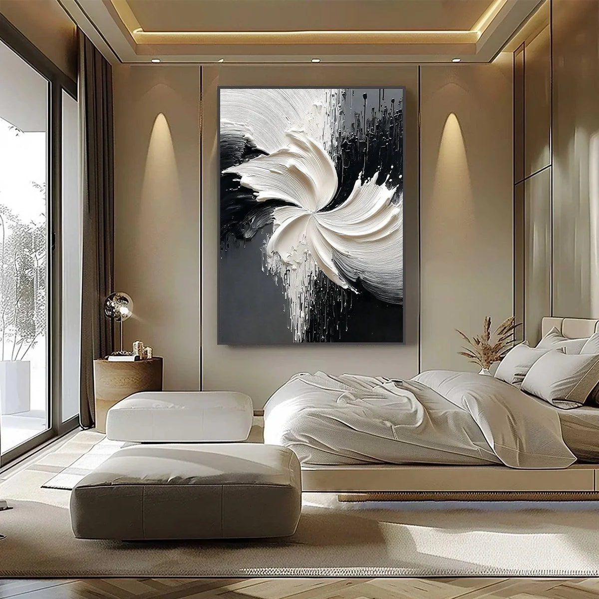 CONVERGENCE: Textured Black and White Abstract Impasto Painting | gold frame stretched on neutral wall