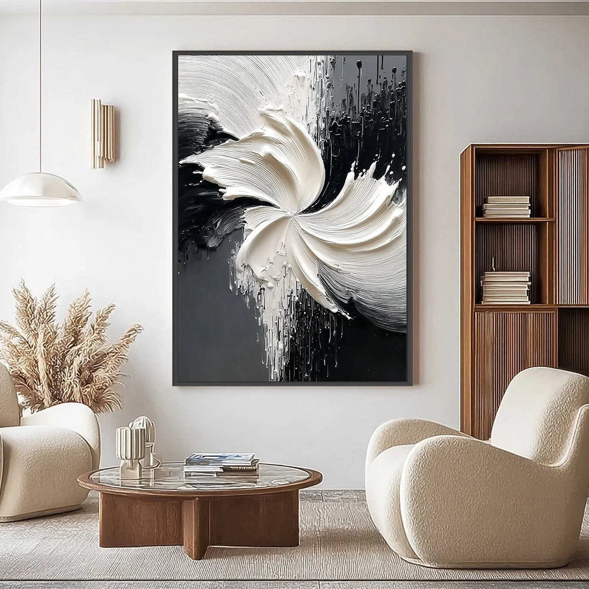 CONVERGENCE: Textured Black and White Abstract Impasto Painting | black frame version on white wall