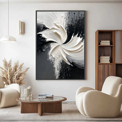 CONVERGENCE: Textured Black and White Abstract Impasto Painting | black frame version on white wall