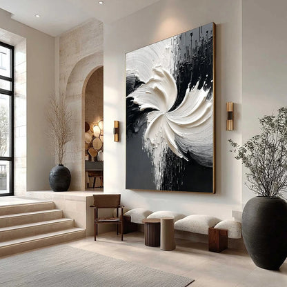 CONVERGENCE: Textured Black and White Abstract Impasto Painting | Abstract mood, soft natural light studio shot