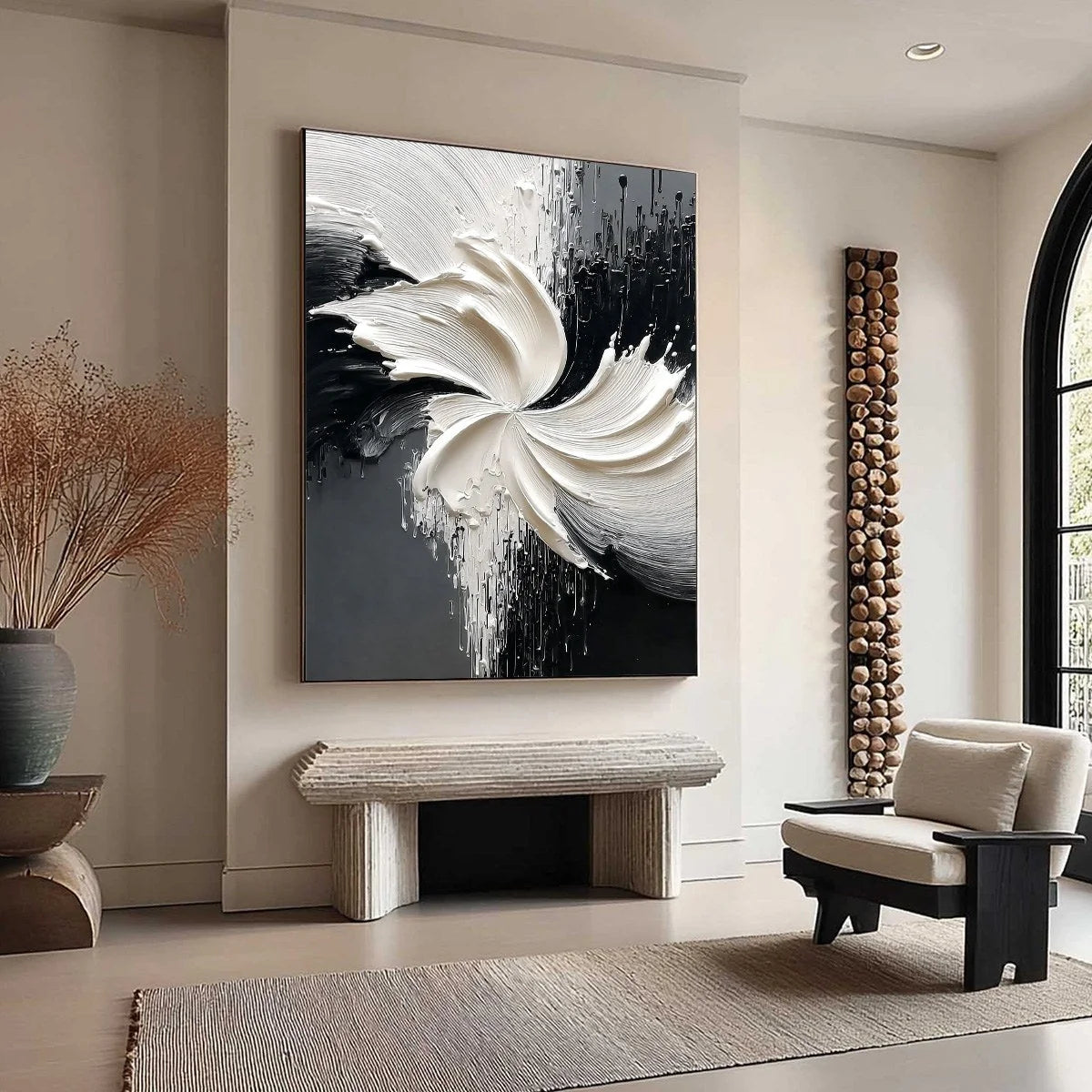 CONVERGENCE: Textured Black and White Abstract Impasto Painting | beige palette, original Hand-painted on premium stretched canvas using artist-grade oils; rich layered surface combines smooth grad...