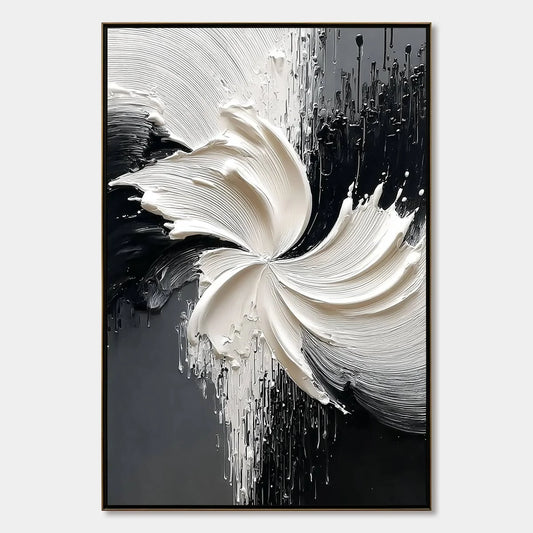 CONVERGENCE: Textured Black and White Abstract Impasto Painting | hanging in CONVERGENCE: Textured Black and White Abstract Impasto Painting featuring layered textured brushwork in refined tones; a...