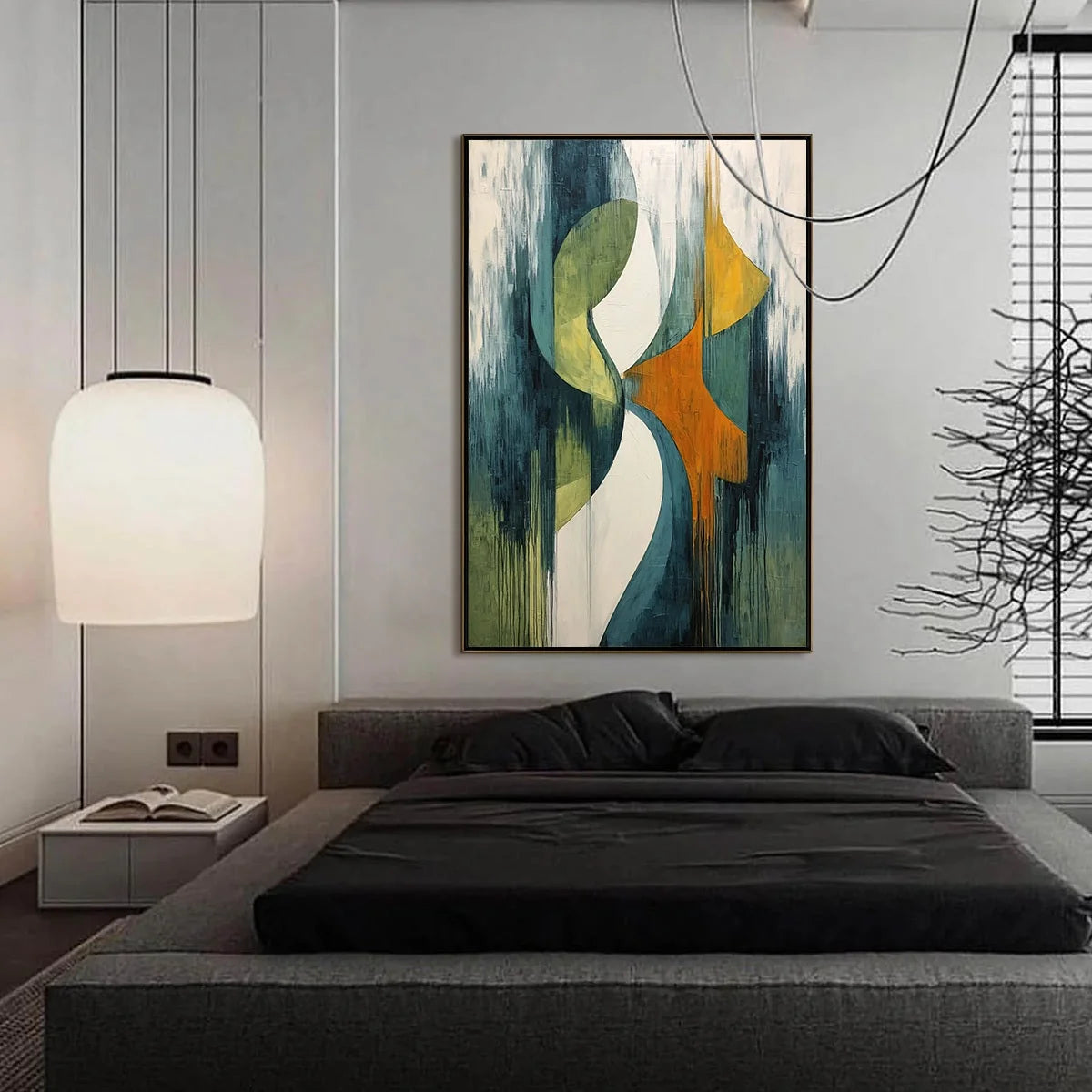 CONVERGENCE: Bold Vertical Abstract Painting with Textured Color Blocks | gold frame stretched on neutral wall