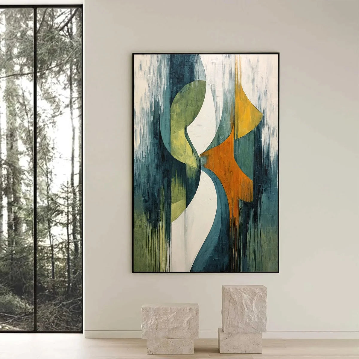 CONVERGENCE: Bold Vertical Abstract Painting with Textured Color Blocks | black frame version on white wall