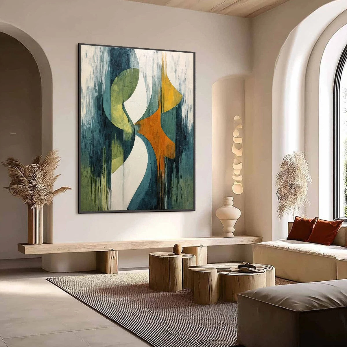 CONVERGENCE: Bold Vertical Abstract Painting with Textured Color Blocks | Abstract mood, soft natural light studio shot