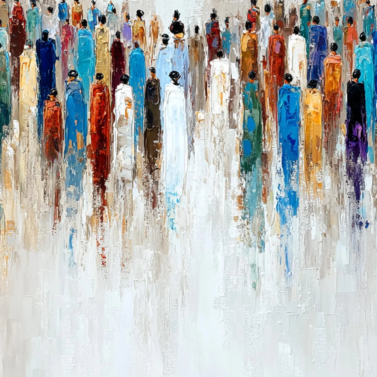 CONVERGENCE: Colorful Abstract Figurative Painting of a Crowd | rectangular format, hand-painted canvas edge
