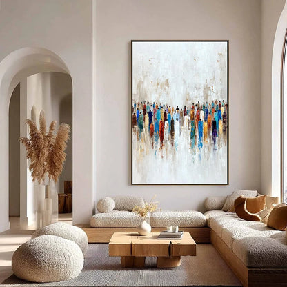 CONVERGENCE: Colorful Abstract Figurative Painting of a Crowd | gold frame stretched on neutral wall