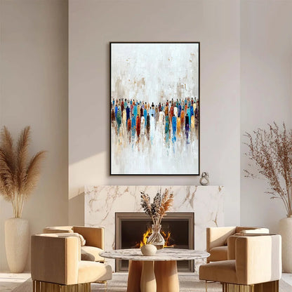 CONVERGENCE: Colorful Abstract Figurative Painting of a Crowd | black frame version on white wall