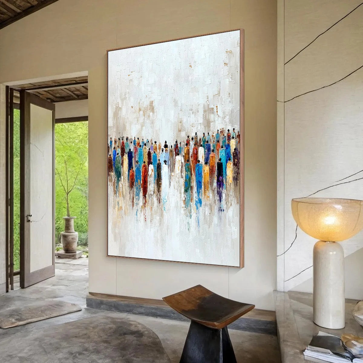 CONVERGENCE: Colorful Abstract Figurative Painting of a Crowd | Figurative mood, soft natural light studio shot