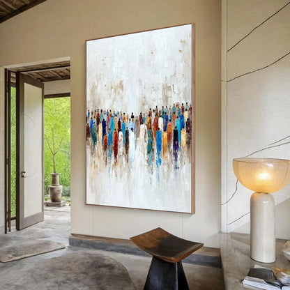 CONVERGENCE: Colorful Abstract Figurative Painting of a Crowd | Figurative mood, soft natural light studio shot