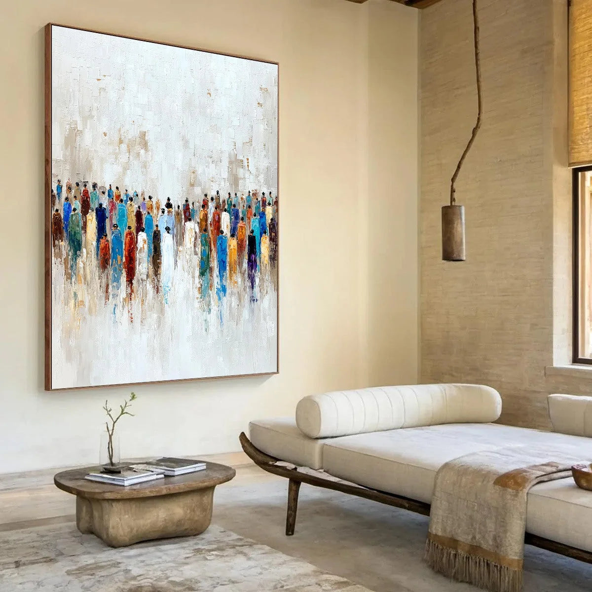 CONVERGENCE: Colorful Abstract Figurative Painting of a Crowd | beige palette, original Hand-painted on premium stretched canvas using artist-grade oils; rich layered surface combines smooth gradie...