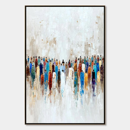 CONVERGENCE: Colorful Abstract Figurative Painting of a Crowd | hanging in CONVERGENCE: Colorful Abstract Figurative Painting of a Crowd featuring layered textured brushwork in refined tones; figur...