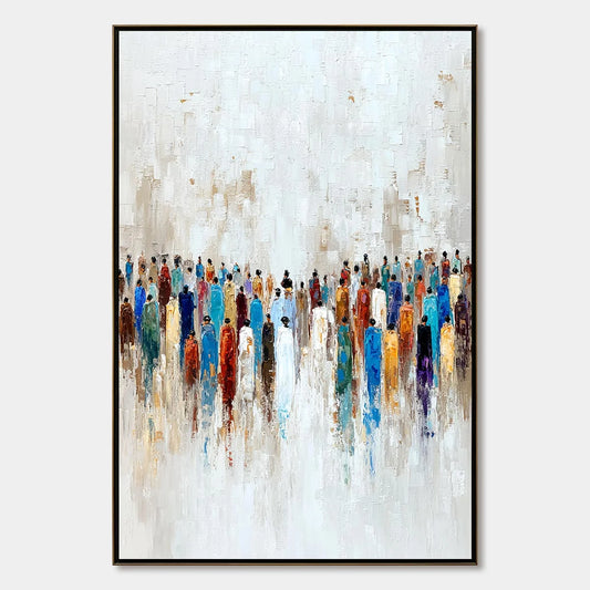 CONVERGENCE: Colorful Abstract Figurative Painting of a Crowd | hanging in CONVERGENCE: Colorful Abstract Figurative Painting of a Crowd featuring layered textured brushwork in refined tones; figur...