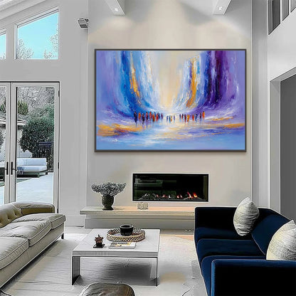 CONVERGENCE: Large Colorful Abstract Figurative Oil Painting | gold frame stretched on neutral wall