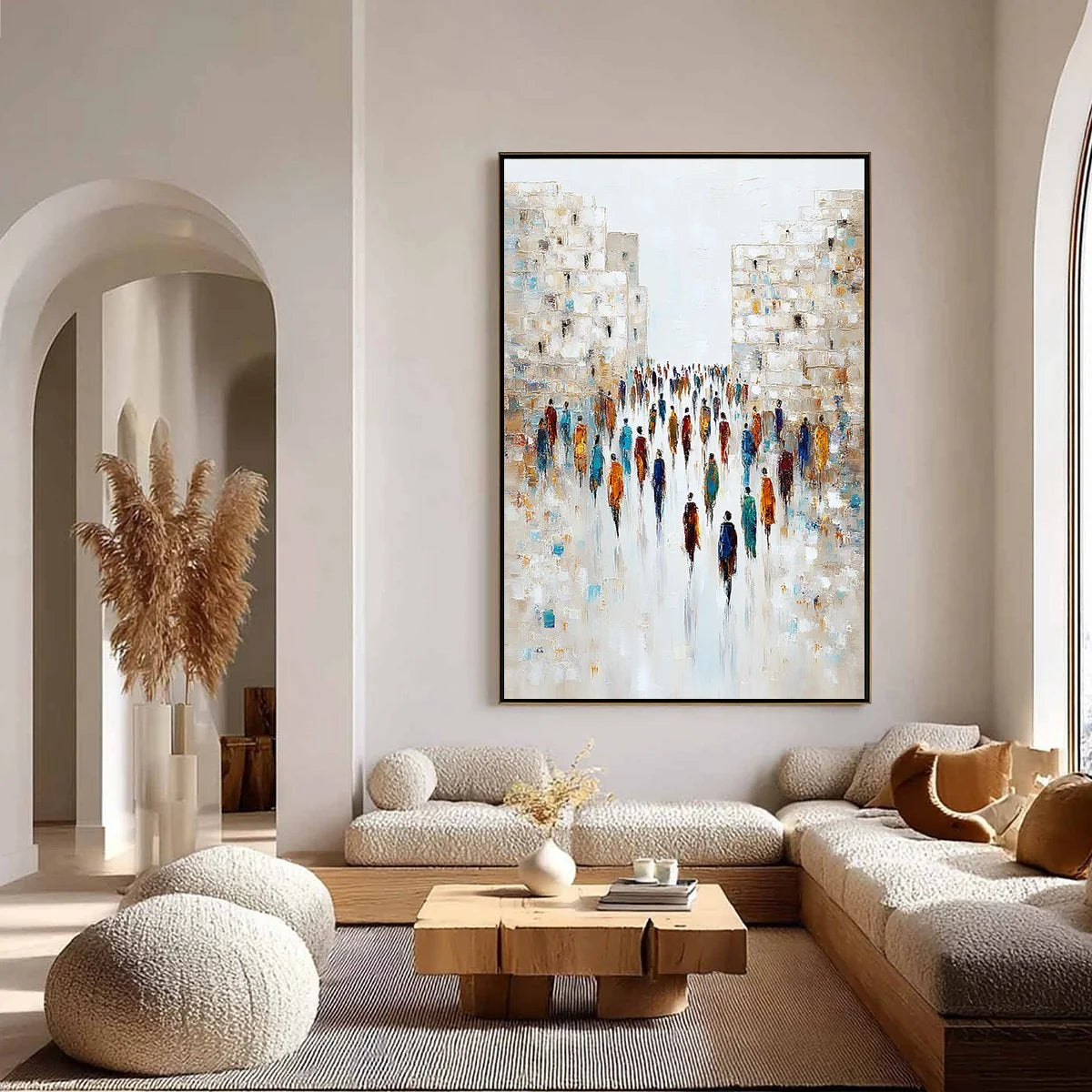 CONVERGENCE: Textured Abstract Figurative Cityscape Painting | gold frame stretched on neutral wall