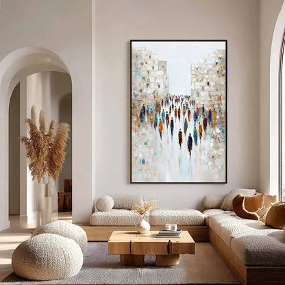 CONVERGENCE: Textured Abstract Figurative Cityscape Painting | gold frame stretched on neutral wall