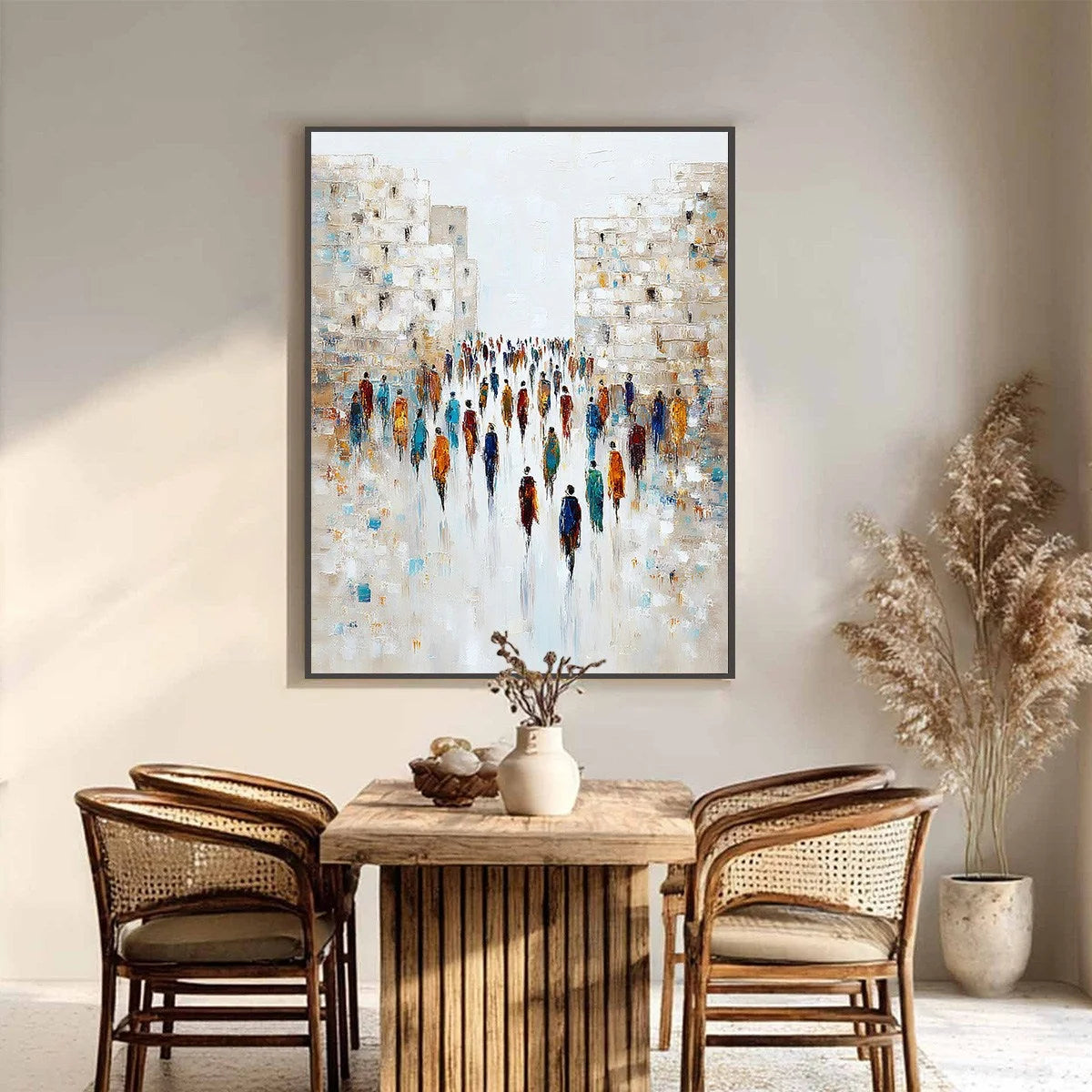 CONVERGENCE: Textured Abstract Figurative Cityscape Painting | black frame version on white wall