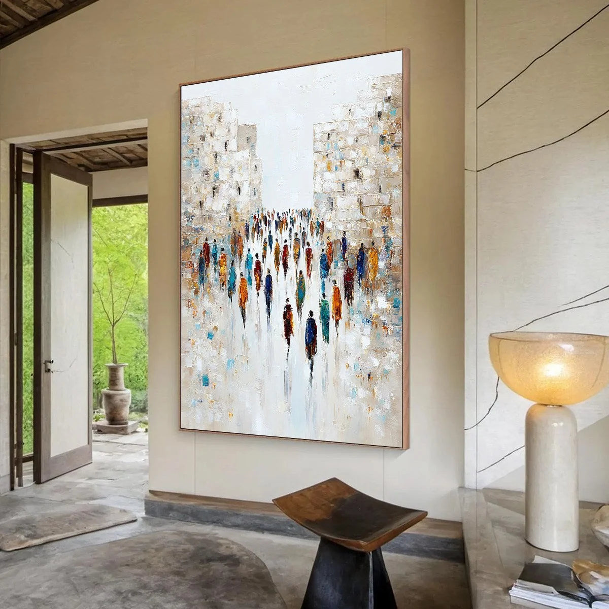 CONVERGENCE: Textured Abstract Figurative Cityscape Painting | Figurative mood, soft natural light studio shot
