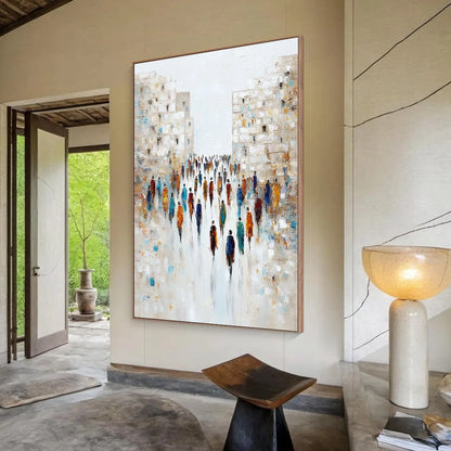 CONVERGENCE: Textured Abstract Figurative Cityscape Painting | Figurative mood, soft natural light studio shot