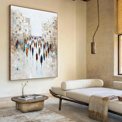 CONVERGENCE: Textured Abstract Figurative Cityscape Painting | beige palette, original Hand-painted on premium stretched canvas using artist-grade oils; rich layered surface combines smooth gradien...