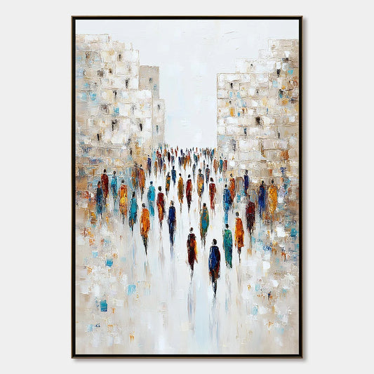 CONVERGENCE: Textured Abstract Figurative Cityscape Painting | hanging in CONVERGENCE: Textured Abstract Figurative Cityscape Painting featuring layered textured brushwork in refined tones; figurat...