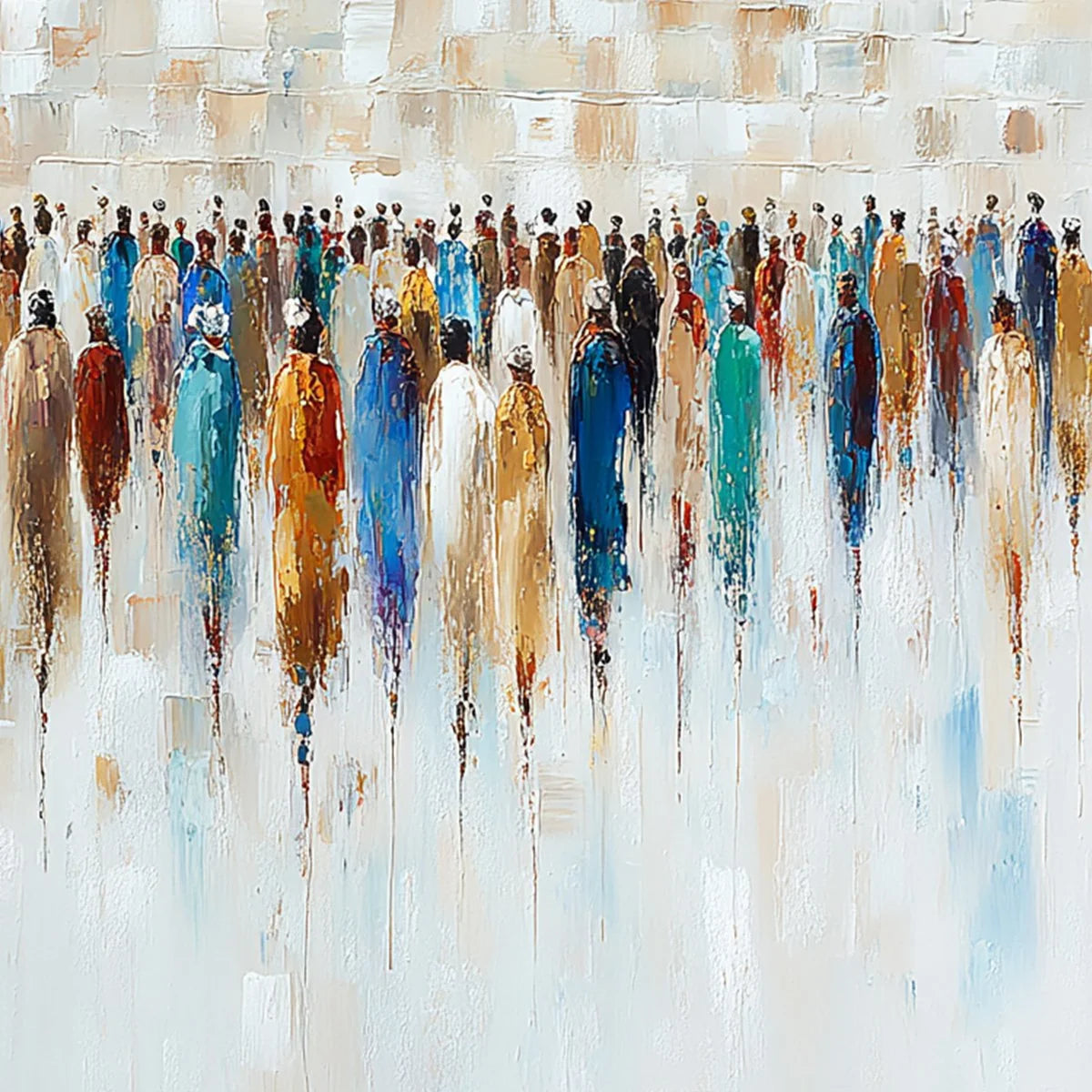 CONVERGENCE: Textured Abstract Figurative Crowd Painting | rectangular format, hand-painted canvas edge