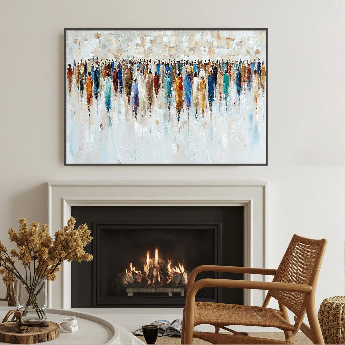 CONVERGENCE: Textured Abstract Figurative Crowd Painting | gold frame stretched on neutral wall
