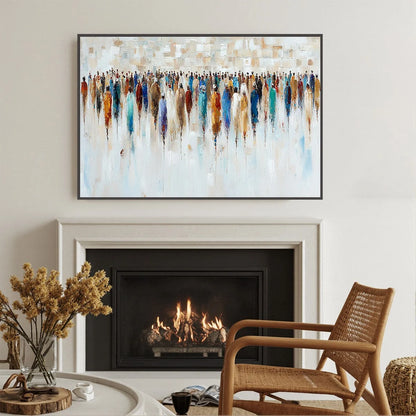 CONVERGENCE: Textured Abstract Figurative Crowd Painting | gold frame stretched on neutral wall