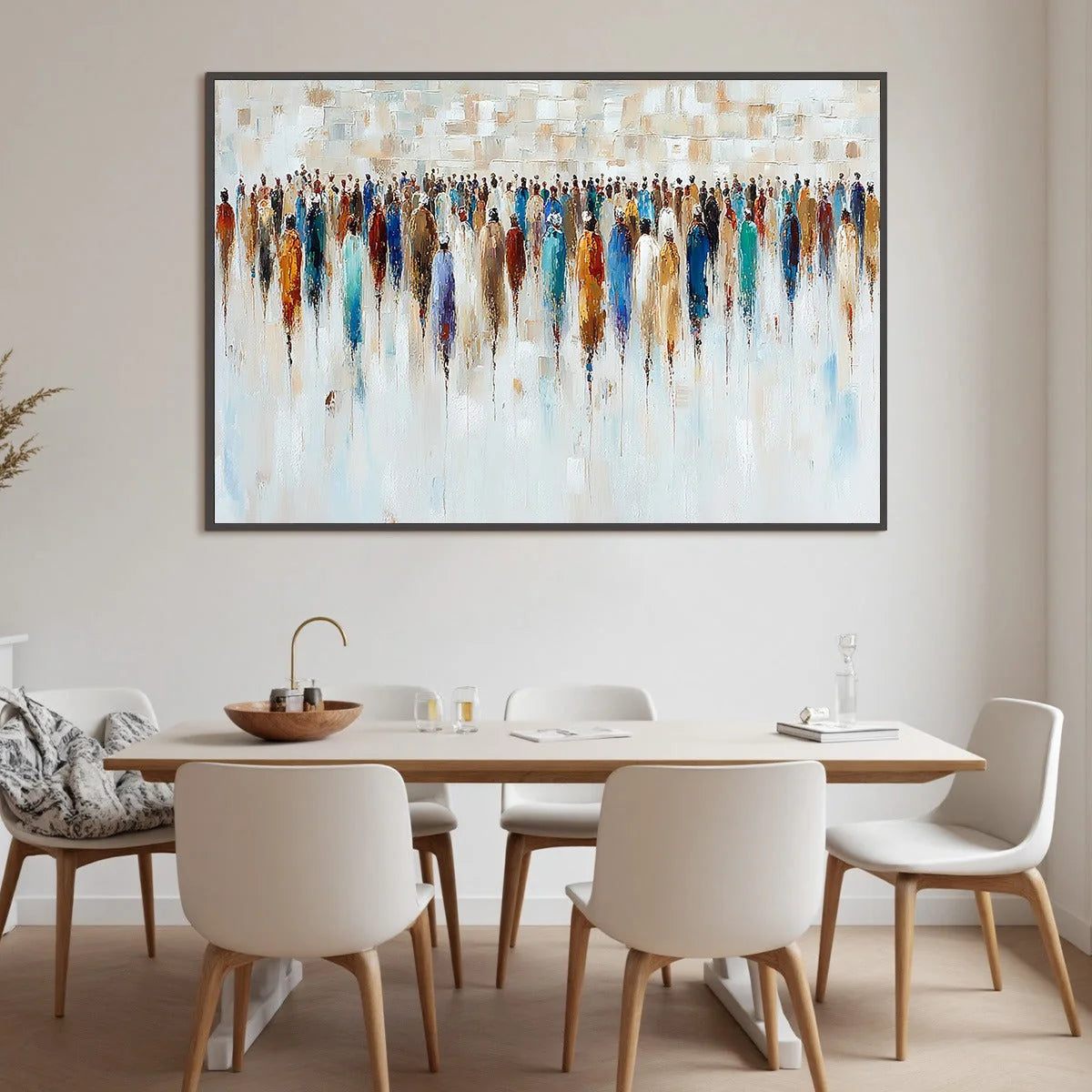 CONVERGENCE: Textured Abstract Figurative Crowd Painting | black frame version on white wall