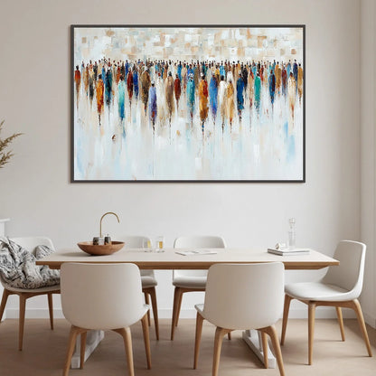 CONVERGENCE: Textured Abstract Figurative Crowd Painting | black frame version on white wall