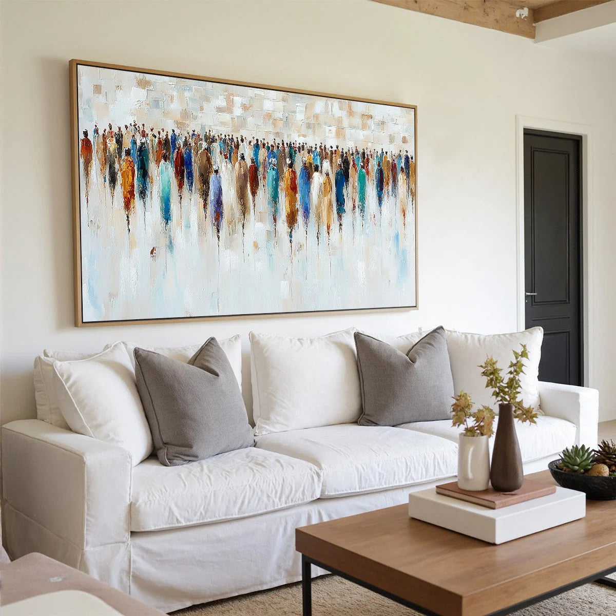 CONVERGENCE: Textured Abstract Figurative Crowd Painting | Figurative mood, soft natural light studio shot