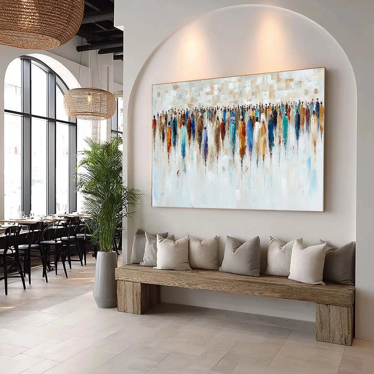 CONVERGENCE: Textured Abstract Figurative Crowd Painting | beige palette, original Hand-painted on premium stretched canvas using artist-grade oils; rich layered surface combines smooth gradients w...