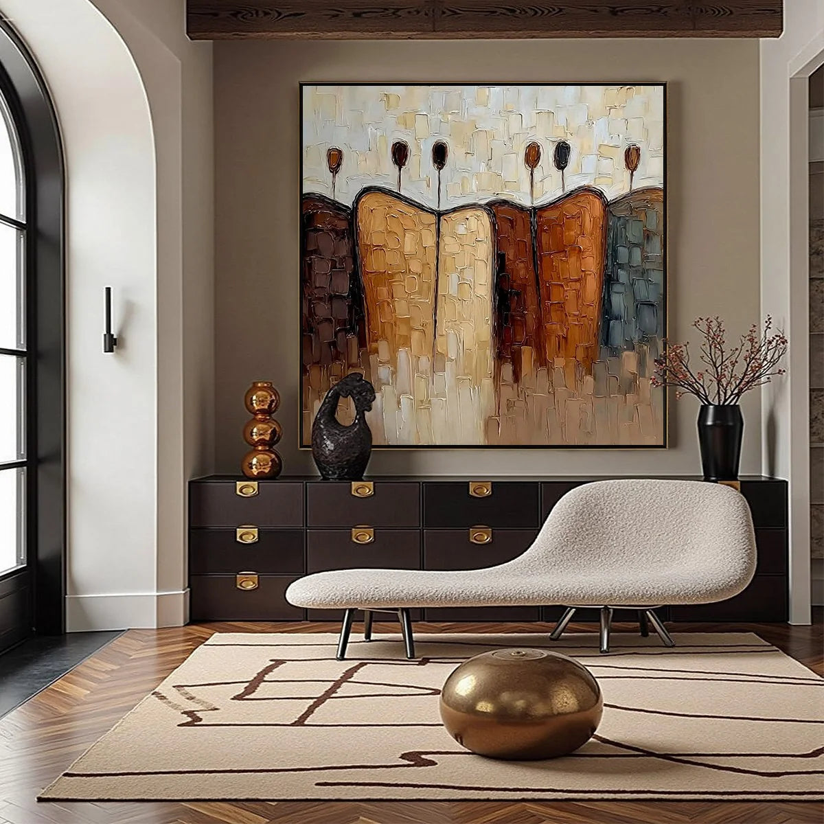 CONVERGENCE: Textured Abstract Figurative Impasto Painting | gold frame stretched on neutral wall