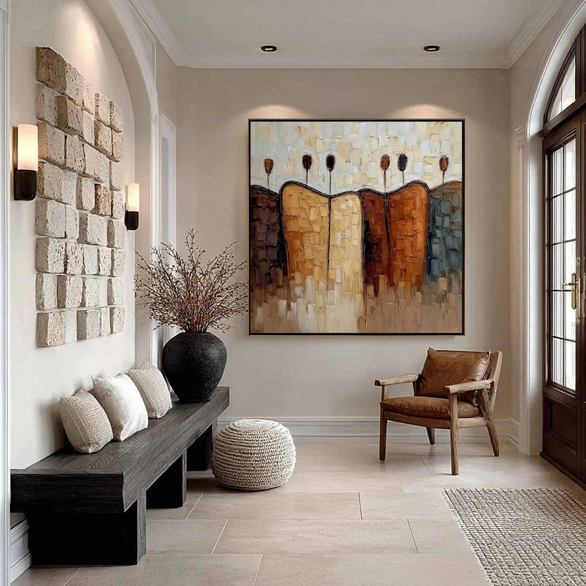 CONVERGENCE: Textured Abstract Figurative Impasto Painting | black frame version on white wall
